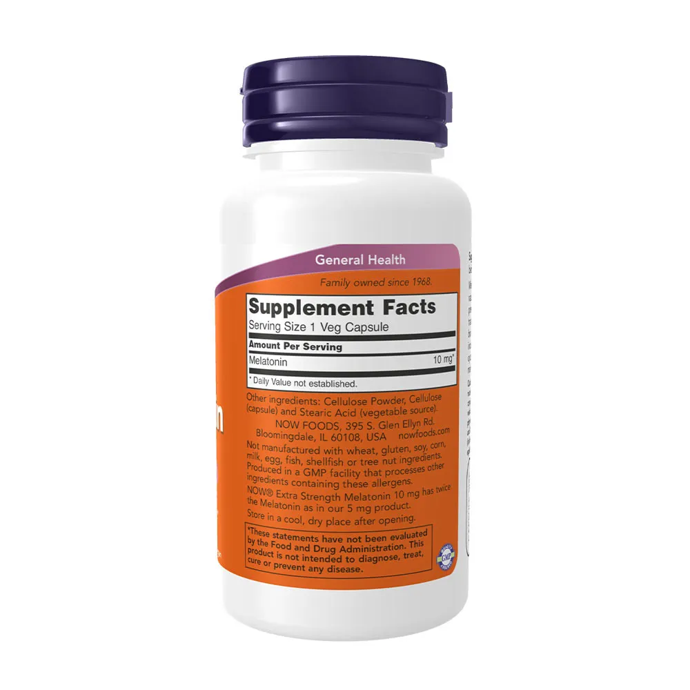 NOW Melatonin 10 mg Extra Strength (100 Veg Capsules) – Image 2
