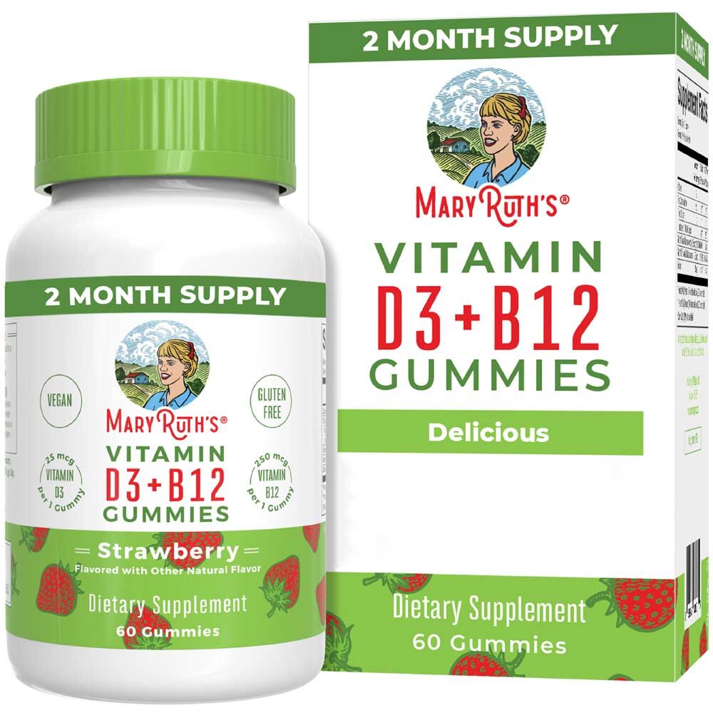 Gommes à la vitamine D3 et B12 de MaryRuth, saveur fraise, 60 gommes - Viking Supplements